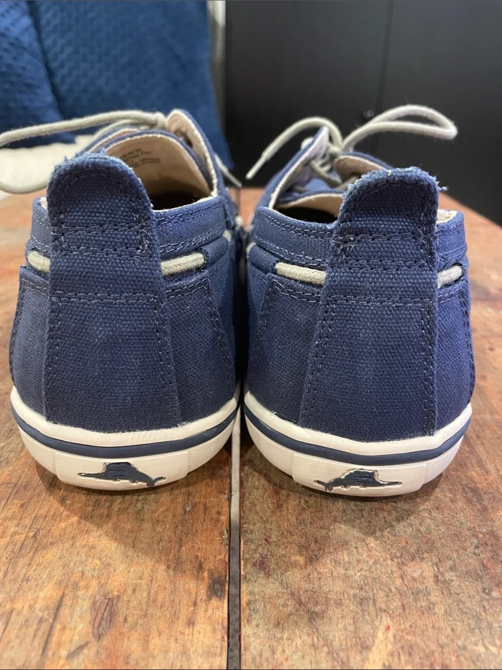 Tommy Bahama Navy Canvas Boat Shoes with Tan Laces